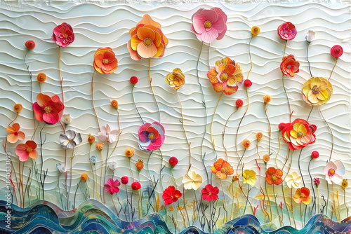 abstract background with flowers. 3D embossed clay wall elegant multicolored flowers