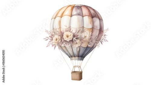 Dreamy watercolor hot air balloon featuring soft floral embellishments and a charming basket