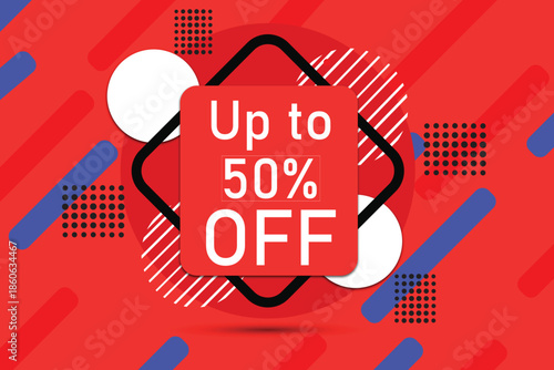 Up to 50 percent off sale banner with modern red abstract background for promotion and marketing