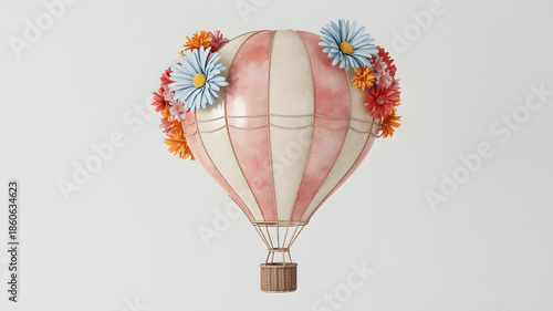 Charming hot air balloon adorned with a vibrant bouquet of spring flowers for a whimsical journey