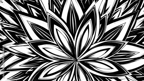 Dynamic Abstract Black and White Floral Pattern with Sharp Flowing Lines on Isolated White Background