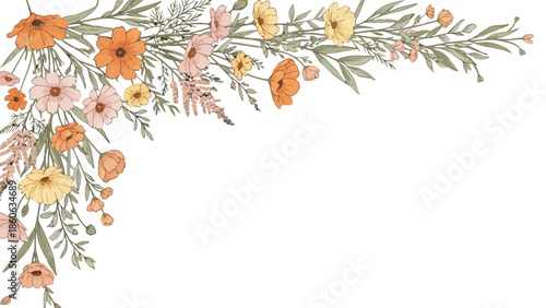 Delicate Watercolor Floral Corner Border with Orange Flowers and Green Leaves on Isolated White Background