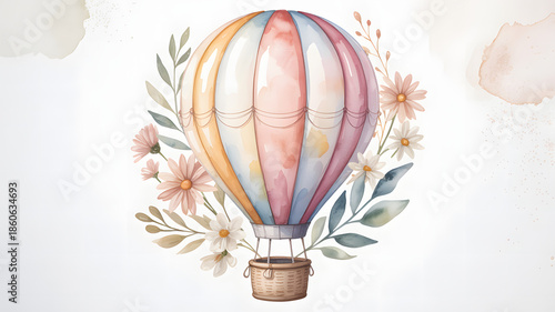 A whimsical watercolor hot air balloon adorned with pastel flowers and leaves