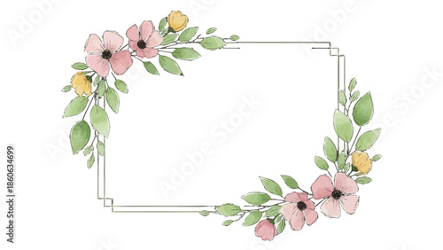 Delicate Rectangular Frame with Pink Flowers and Green Leaves on Isolated White Background