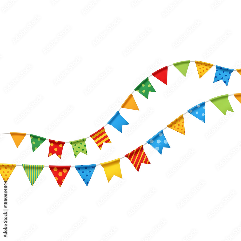 Obraz premium Colorful bunting flags, creating a festive atmosphere for any celebration. The decorative flags feature various patterns and hues, adding a joyful touch Isolated on White background