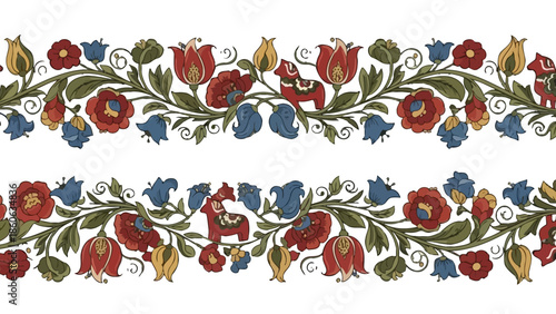Traditional Folk Art Double Floral Borders with Red Tulips and Blue Flowers, isolated white background.