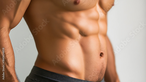Close-up studio shot: the impressive musculature of a well-built man, showcasing defined abs and powerful arms against a clean backdrop, embodying fitness & dedication.