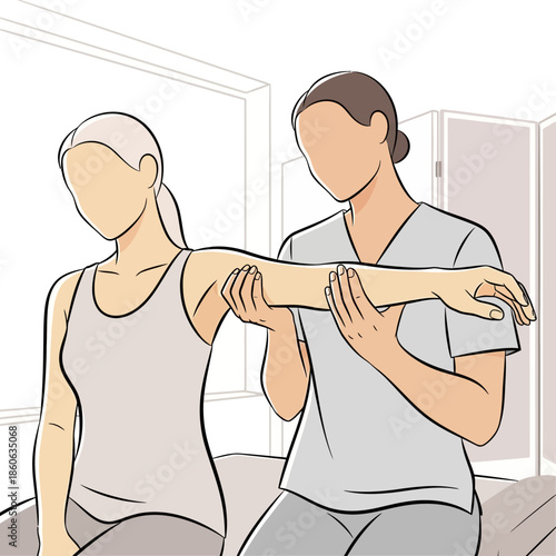 Physiotherapist helping patient with arm exercise.