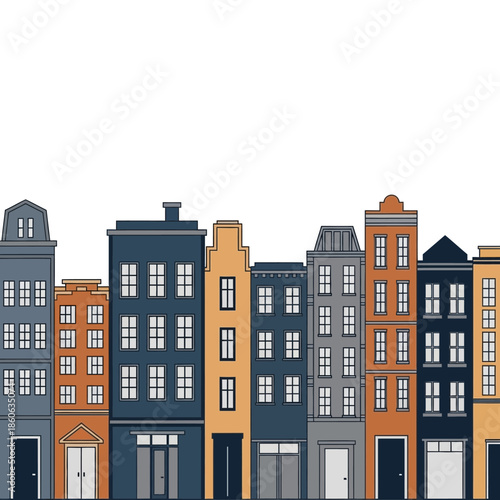 Row of colorful urban residential buildings.