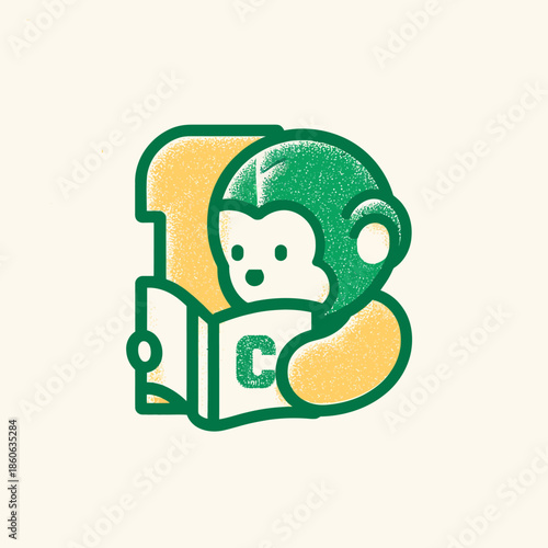 Cartoon monkey reading a book with number thirteen stylized illustration
