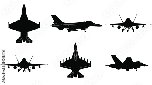 Silhouettes of military fighter jets, naval warship at sunset with helicopter, and construction workers isolated on white background, industrial defense.