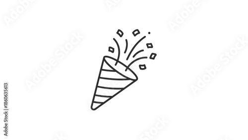 Party popper exploding with confetti simple line art illustration for celebrations and events isolated on white background