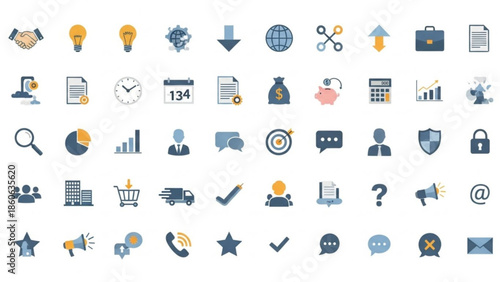 Collection of business and finance icons flat design elements for web and mobile applications representing concepts like teamwork growth and communi