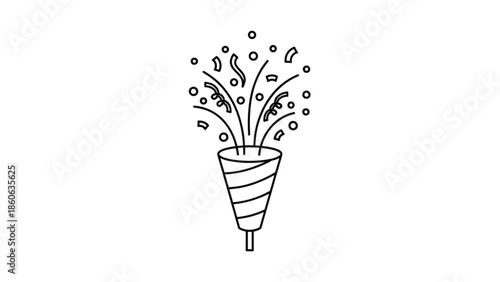 Party popper exploding with confetti simple line art illustration for celebration and festive events isolated on white background