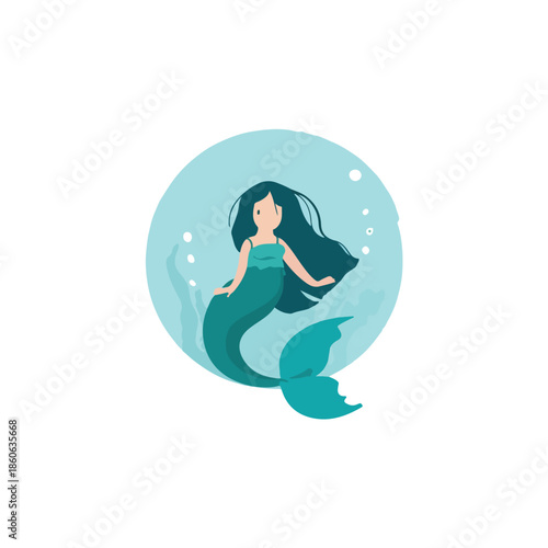 Cute Mermaid Illustration in Turquoise Circle for Design