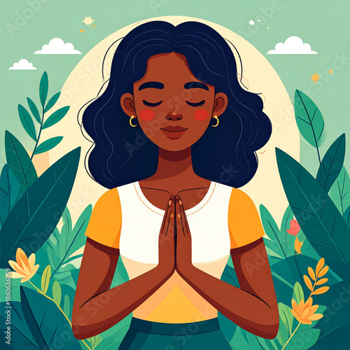 Vector illustration of a glamour blonde lady in a lotus yoga pose featuring a fashion style design with summer flowers and beauty art