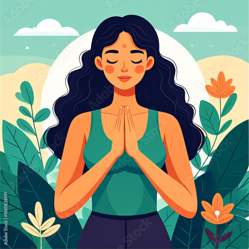 Vector illustration of a glamorous blonde woman in a lotus pose on a summer beach featuring fashion style art with beauty and nature elements