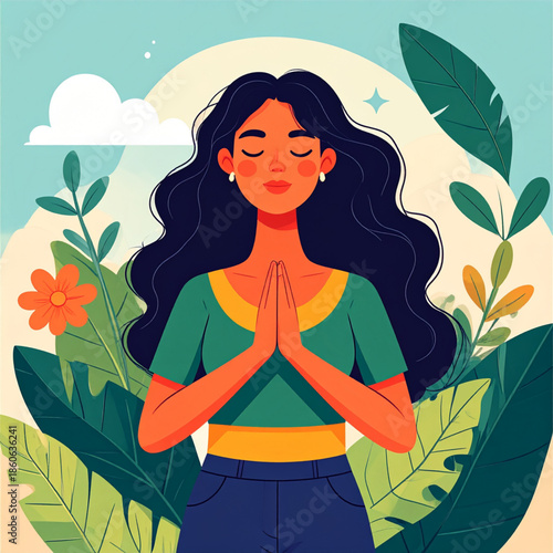 A glamorous blonde woman with beautiful eyes and red lips poses in a summer fashion illustration featuring nature flowers and a stylish cartoon vector design