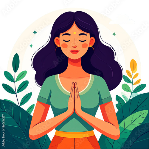 Vector illustration of a beautiful cartoon woman in a pink fashion outfit sitting in a yoga lotus pose for fitness and relaxation meditation