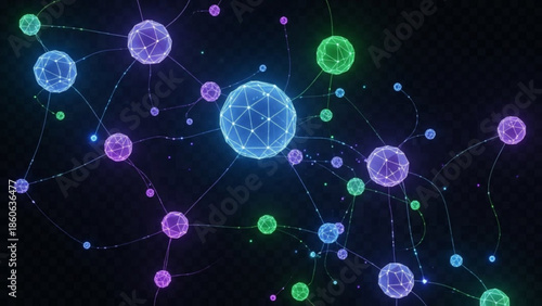 Vibrant network of glowing orbs and connections on a dark background with purple, blue, and green hues