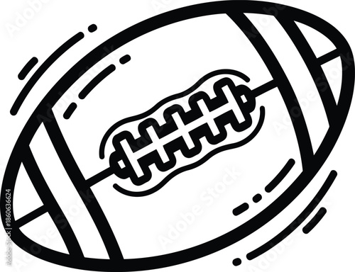 A dynamic black and white outline illustration of an American football in motion, ideal for sports branding, game day designs, or athletic club visuals with a minimalist aesthetic