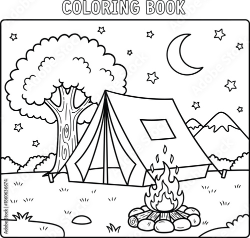 Camping Coloring Page for Kids Tent, Campfire, and Night Sky Adventure