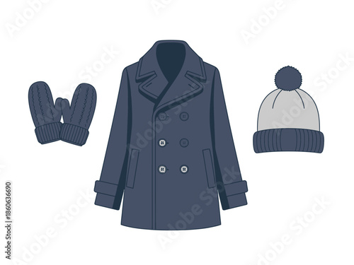 A navy peacoat knit mittens and a pompom beanie