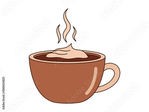Brown mug of hot beverage with whipped topping and steam