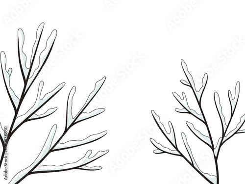 Black and white outlines of snowcovered plant branches on white background