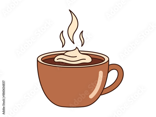 Cartoon brown mug of hot drink topped with whipped cream and steam