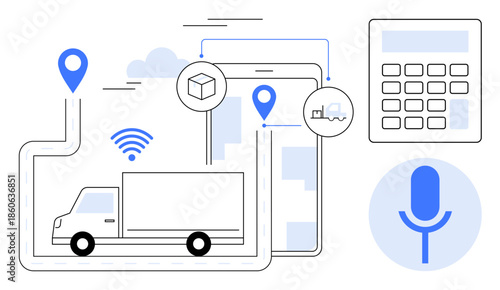 Delivery management, GPS tracking, shipping systems, voice technology, logistics planning, freight solutions. Truck with GPS icons, calculator and microphone. Delivery management and GPS tracking