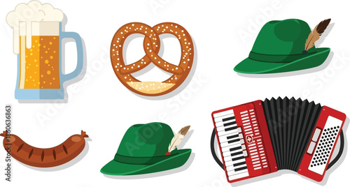 Flat design set of 6 Oktoberfest items beer stein with foam pretzel sausage bratwurst tyrolean hat and accordion