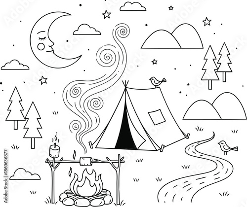 Vector illustration of a camping scene with a tent, campfire, and starry night sky