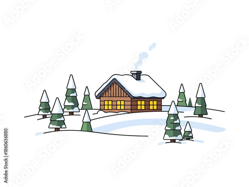 Cartoon log cabin nestled in a snowy forest clearing with smoke from the chimney
