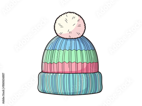 Cartoon knit winter hat with a pink pompom and striped bands