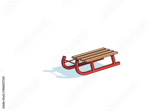 Isometric illustration of a red and wood sled with a light blue shadow
