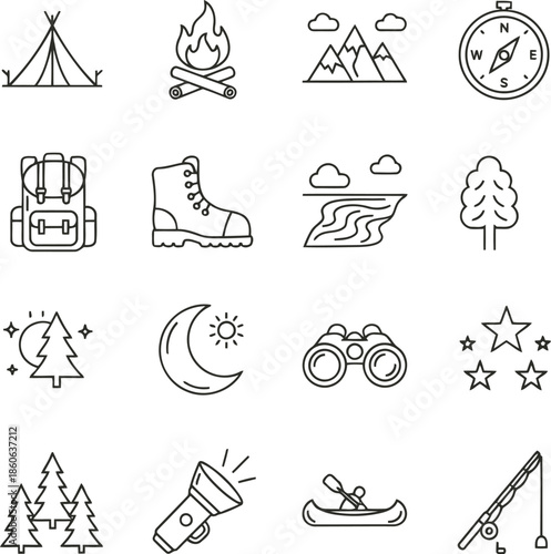 Set of icons representing outdoor activities and nature, including camping, hiking, and adventure