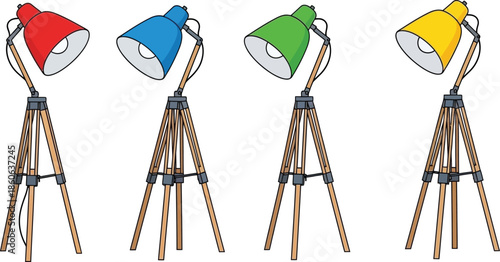 Four colorful tripod lamps in a row on transparent background