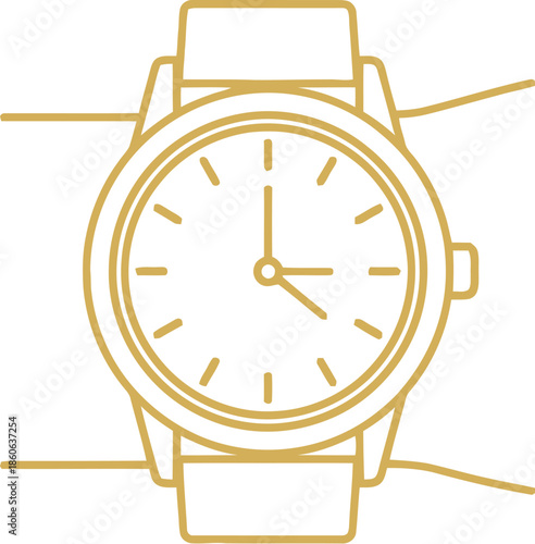 Simple golden line art wristwatch illustration with hour and minute hands on transparent background