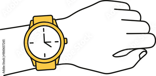 Hand wearing a yellow wristwatch simple line art illustration on transparent background