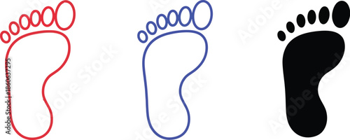 Three footprint illustrations in red blue and black on transparent background