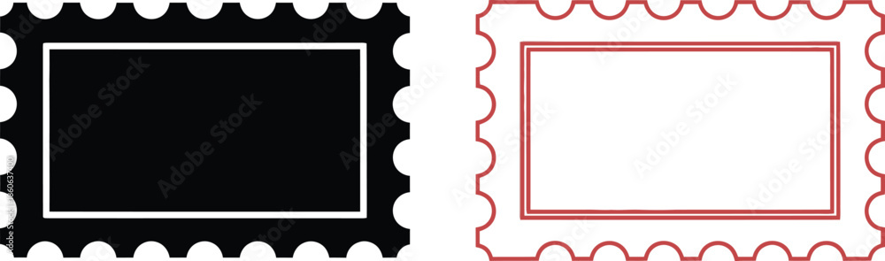 Obraz premium Two postage stamps one black and one red with jagged edges on transparent background