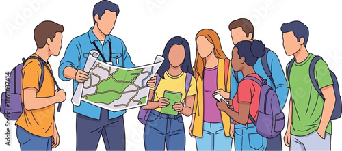 Group of people looking at a map together on transparent background