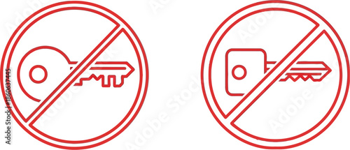 Red prohibition signs with key and lock icons on transparent background