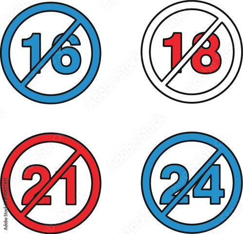 Four prohibition signs with numbers sixteen eighteen twenty one and twenty four on transparent background