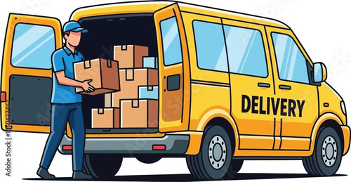 A yellow delivery van with an open back and worker on transparent background