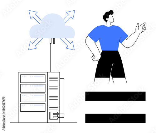 Data server connected to a cloud with arrows indicating diverse access points. Person pointing up signifies digital potential and innovation. Ideal for cloud technology, innovation, networking, data