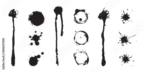 Collection of black ink splatters and drips vector illustration