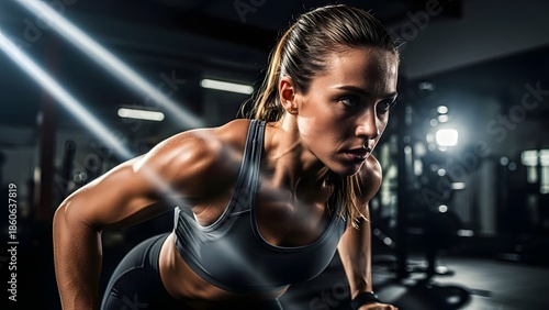 Woman athlete intensely focused during a challenging weightlifting workout in a dimly lit gym