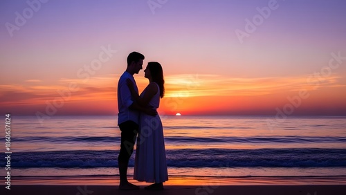 Couple embracing on a beach during a vibrant sunset